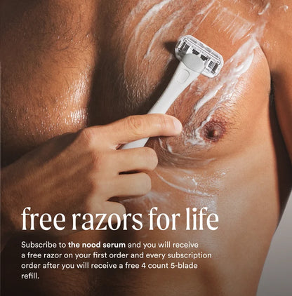 Man shaving chest area with Nood razor and shave cream with free razors for life subscription offer callout