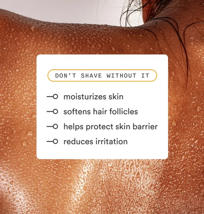 Close-up of wet skin with a white card overlay listing Shave Lube benefits: moisturizes skin, softens hair follicles, helps protect skin barrier, reduces irritation