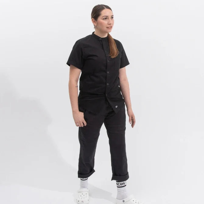 Black Short Sleeve Tilit Chef Shirt shot on white silo background.