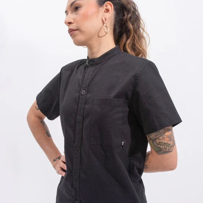 Short Sleeve Chef Shirt Black shot on white silo background.