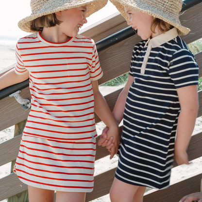 unisex cream and red stripe boatneck tee