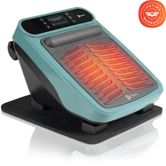 VibraFlow Plus heated foot massager in teal and black, glowing red across its textured foot pads and calf roller, with a Lifetime Warranty badge.