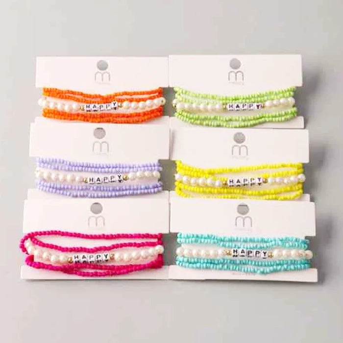 Vibrant Beaded "HAPPY" Bracelets 5  Colors– Stackable Boho Friendship Jewelry (BL18049)