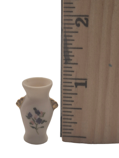 Vintage Porcelain Vase with Handpainted Flowers with Golden Handles - Signed JD