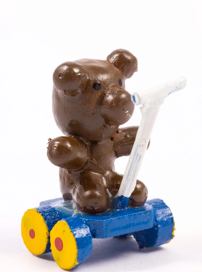 Vintage Teddy Bear on Toy Cart with Wheels (Blue)