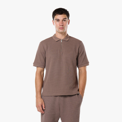 Waffle Knit Zip Polo | Warm Brown