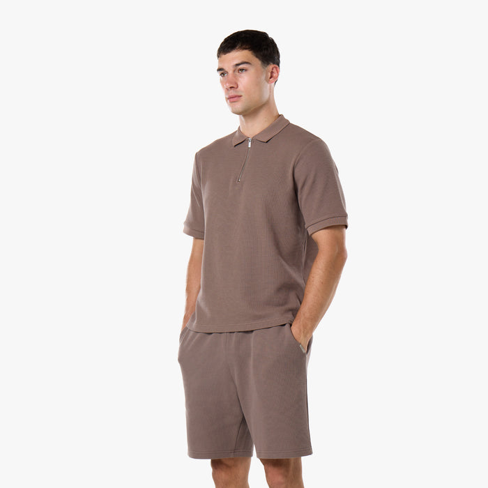 Waffle Knit Zip Polo | Warm Brown