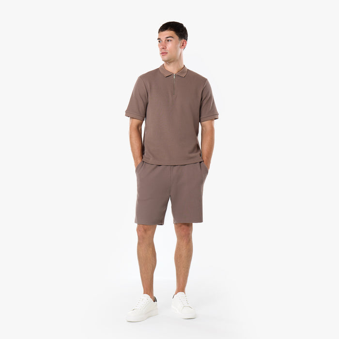 Waffle Knit Zip Polo | Warm Brown