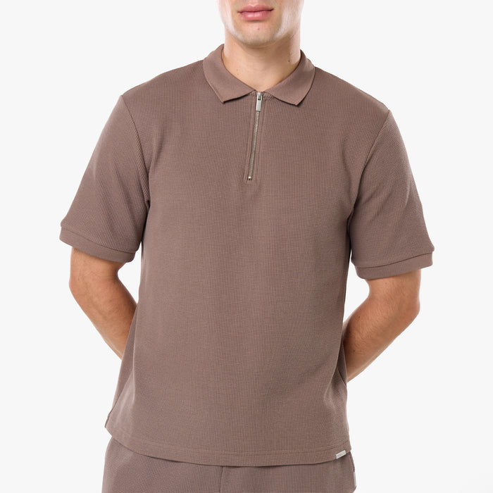 Waffle Knit Zip Polo | Warm Brown