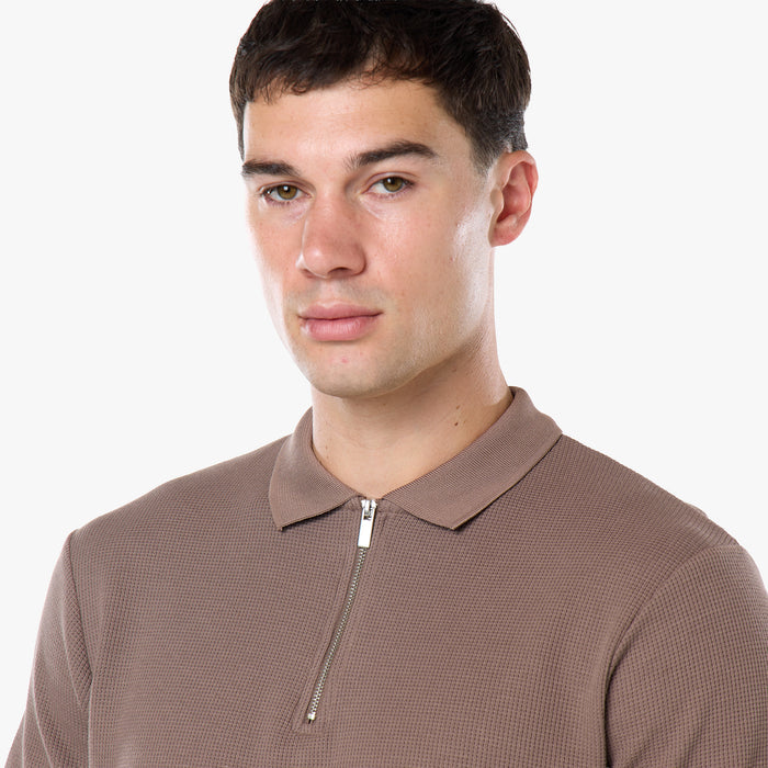 Waffle Knit Zip Polo | Warm Brown