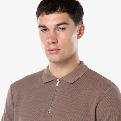 Waffle Knit Zip Polo | Warm Brown