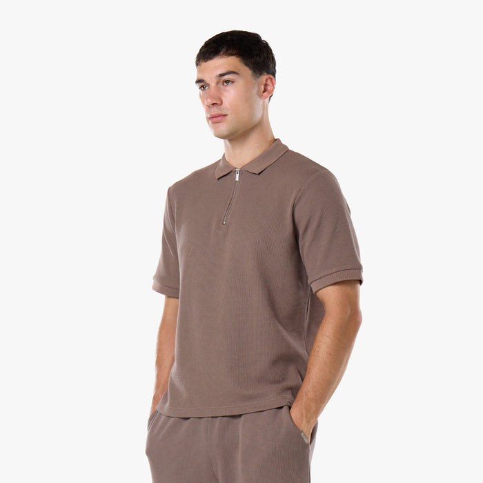 Waffle Knit Zip Polo | Warm Brown