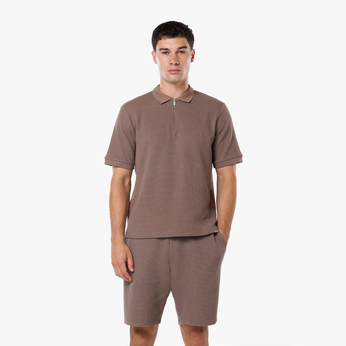 Waffle Knit Zip Polo | Warm Brown