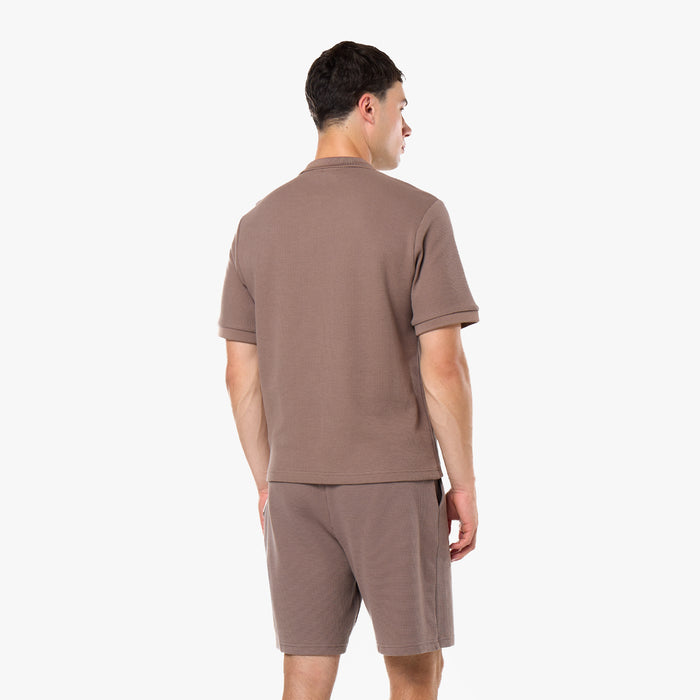 Waffle Knit Zip Polo | Warm Brown