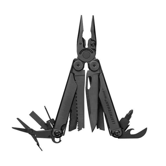 Black Leatherman Wave® Plus multi-tool with pliers, blades, and multiple tools displayed in an open position.