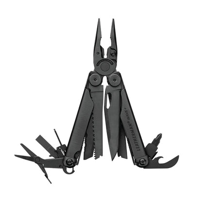 Black Leatherman Wave® Plus multi-tool with pliers, blades, and multiple tools displayed in an open position.