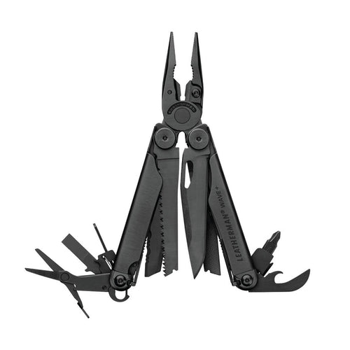Black Leatherman Wave® Plus multi-tool with pliers, blades, and multiple tools displayed in an open position.