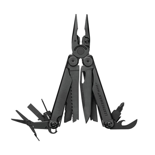 Black Leatherman Wave® Plus multi-tool with pliers, blades, and multiple tools displayed in an open position.