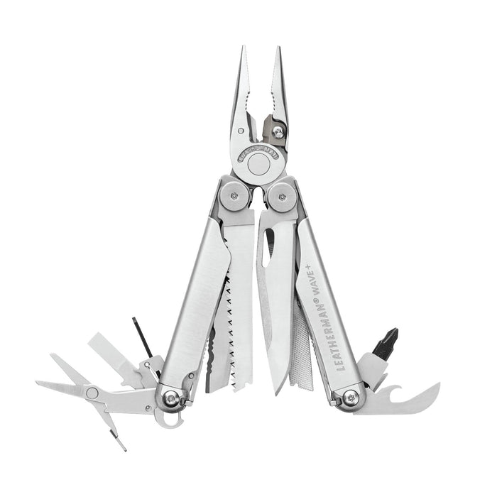 Stainless steel Leatherman Wave® Plus multi-tool with pliers and various blades, ideal for DIY, home repairs, and jobsite use.