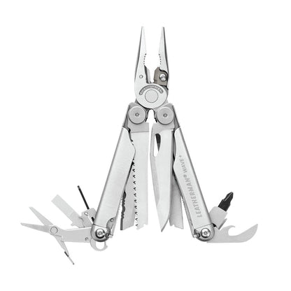 Stainless steel Leatherman Wave® Plus multi-tool with pliers and various blades, ideal for DIY, home repairs, and jobsite use.