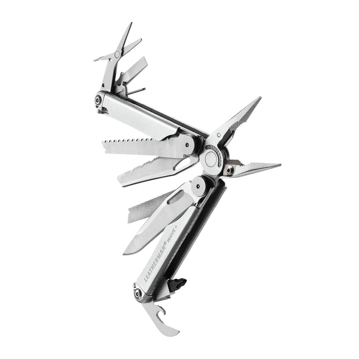 Stainless steel Leatherman Wave® Plus multitool beauty image showing the various tools and features.