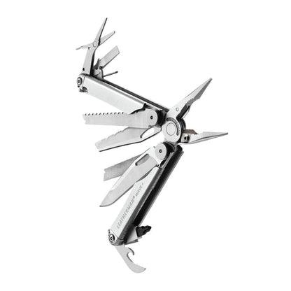 Stainless steel Leatherman Wave® Plus multitool beauty image showing the various tools and features.