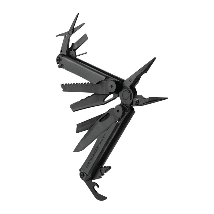 Black Leatherman Wave® Plus multitool beauty image showing the various tools and features.