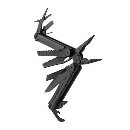Black Leatherman Wave® Plus multitool beauty image showing the various tools and features.