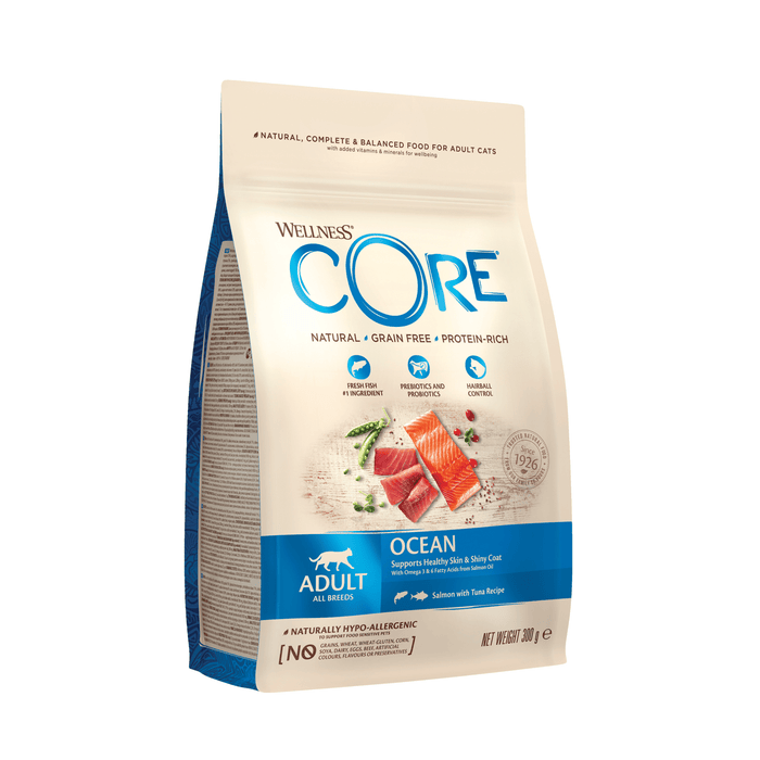 White background with a picture of a bag of Wellness CORE Sterilised Original Cat Food. On the bag is pictures of salmon fillet, tuna chunks, peas and cranberries. The text on the bag 'Wellness CORE, Natural, Grain Free, Protein-Rich' and 'Adult, All breeds, Ocean Salmon with Tuna Recipe'.