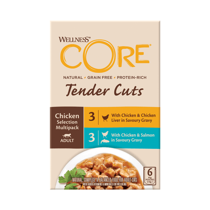 White background with a picture of a box of Wellness CORE Tender Cuts wet cat food. The box is cream with text stating 'Wellness CORE, Natural, Grain Free, Protein-Rich, Tender Cuts, Chicken Selection Multipack, Adult, 3x with Chicken & Chicken Liver in savoury gravy, 3x With Chicken & Salmon in savoury gravy' with a picture with a bowl of wet food below.