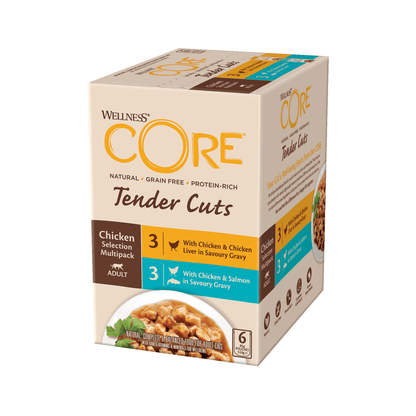 White background with a picture of a side view of a box of Wellness CORE Tender Cuts wet cat food. The box is cream with text stating 'Wellness CORE, Natural, Grain Free, Protein-Rich, Tender Cuts, Chicken Selection Multipack, Adult, 3x with Chicken & Chicken Liver in savoury gravy, 3x With Chicken & Salmon in savoury gravy' with a picture with a bowl of wet food below.