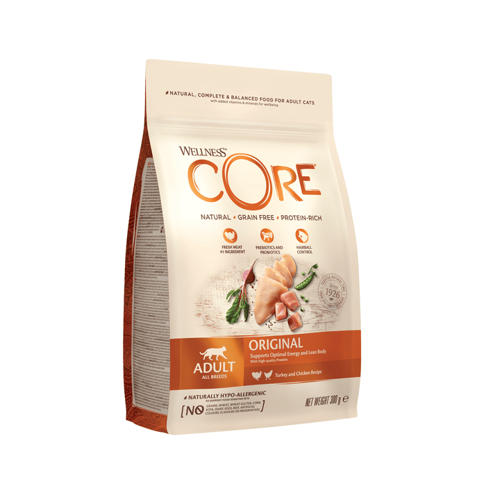 White background with a picture of a bag of Wellness CORE Original Cat Food. On the bag is pictures of chicken breast, turkey chunks, peas and a beet. The text on the bag 'Wellness CORE, Natural, Grain Free, Protein-Rich' and 'Adult, All breeds, Original'.