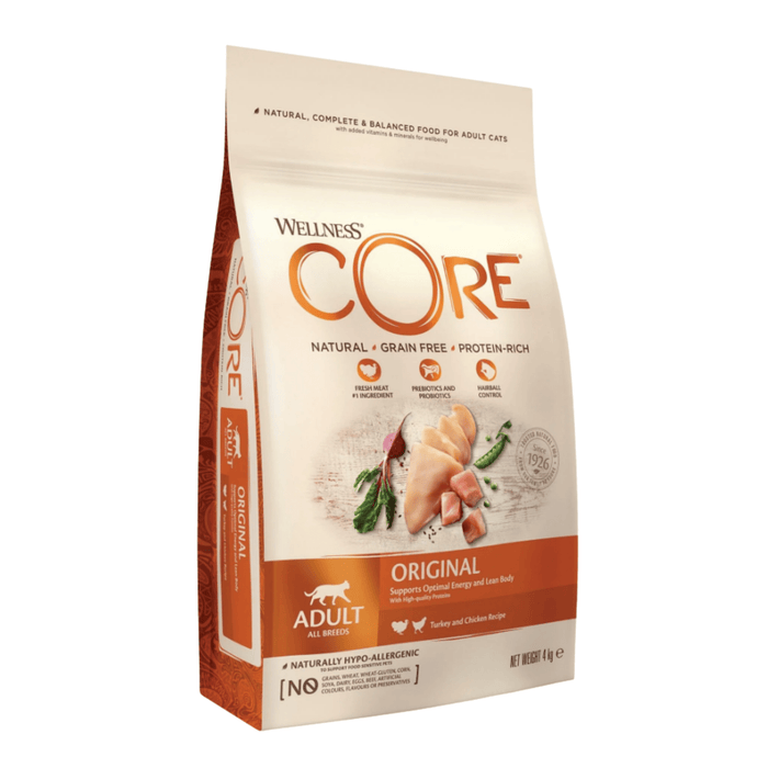 White background with a picture of a bag of Wellness CORE Original Cat Food. On the bag is pictures of chicken breast, turkey chunks, peas and a beet. The text on the bag 'Wellness CORE, Natural, Grain Free, Protein-Rich' and 'Adult, All breeds, Original'.