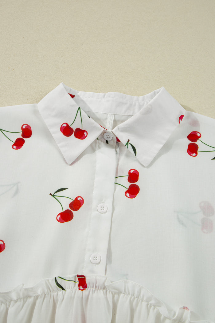 White Cherry Print Flounce Sleeve Collared Frilled Babydoll Blouse