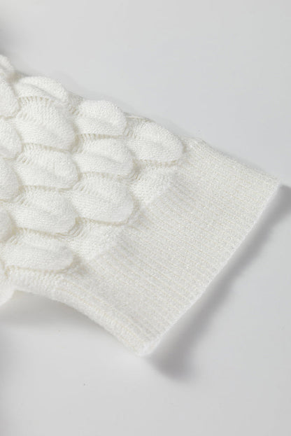 White Fish Scale Textured Knit Ribbed High Neck Short Sleeve Sweater
