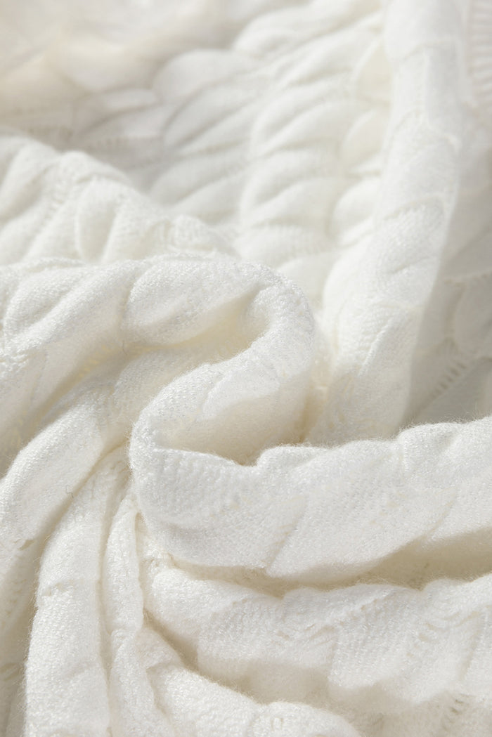 White Fish Scale Textured Knit Ribbed High Neck Short Sleeve Sweater