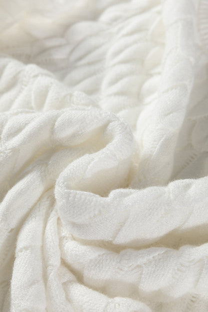 White Fish Scale Textured Knit Ribbed High Neck Short Sleeve Sweater