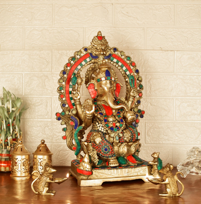 White Whale Lord Ganesh Murti Ganesha Idol Ganpati Brass Statue with Multicolor Stone Work for Home Decoration Showpiece