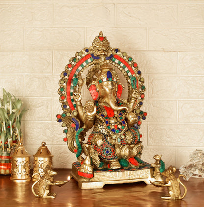 White Whale Lord Ganesh Murti Ganesha Idol Ganpati Brass Statue with Multicolor Stone Work for Home Decoration Showpiece