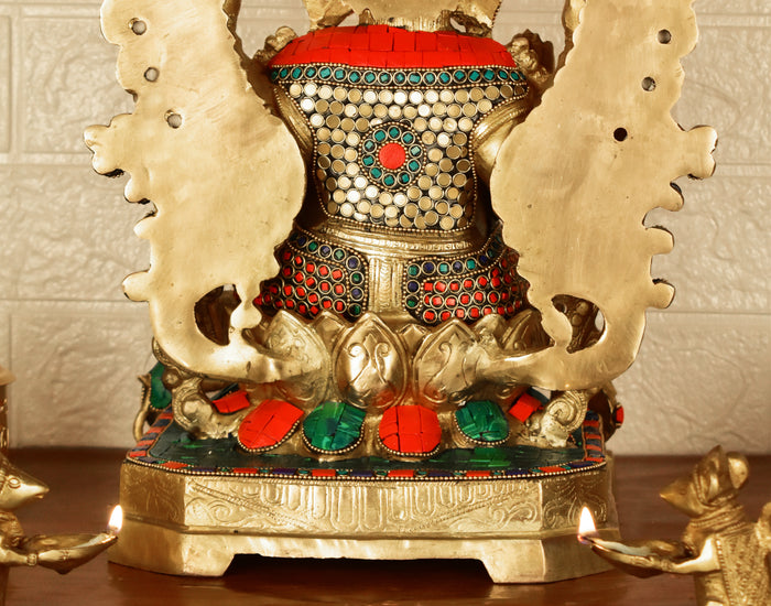 White Whale Lord Ganesh Murti Ganesha Idol Ganpati Brass Statue with Multicolor Stone Work for Home Decoration Showpiece