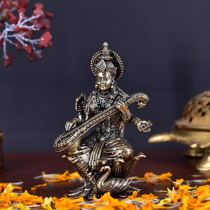 White Whale Superfine Antique Maa Saraswati Brass Statue Religious Goddess Sculpture Idol Home Décor
