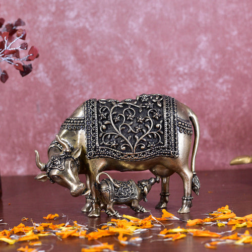 White Whale Superfine Gold Elegant Kamdhenu Cow and Calf Brass Statue Spiritual Showpiece