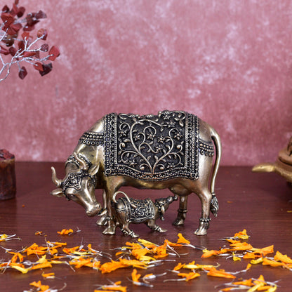 White Whale Superfine Gold Elegant Kamdhenu Cow and Calf Brass Statue Spiritual Showpiece