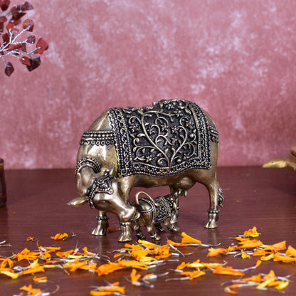 White Whale Superfine Gold Elegant Kamdhenu Cow and Calf Brass Statue Spiritual Showpiece