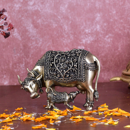 White Whale Superfine Gold Elegant Kamdhenu Cow and Calf Brass Statue Spiritual Showpiece