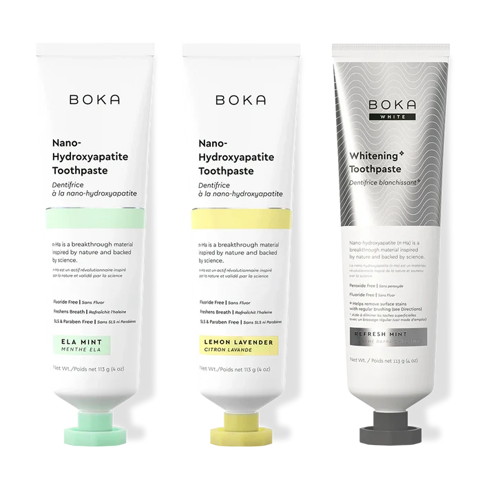 Three bottles of Boka Nano-Hydroxyapatite Toothpaste on a white background
