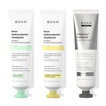 Three bottles of Boka Nano-Hydroxyapatite Toothpaste on a white background