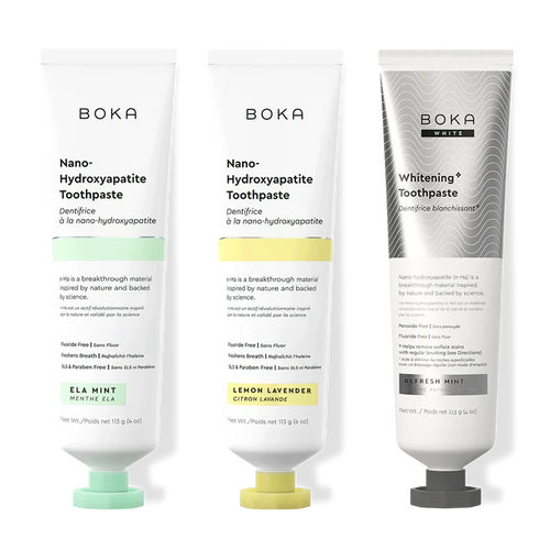 Three bottles of Boka Nano-Hydroxyapatite Toothpaste on a white background
