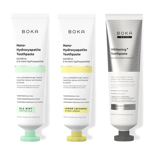 Three bottles of Boka Nano-Hydroxyapatite Toothpaste on a white background