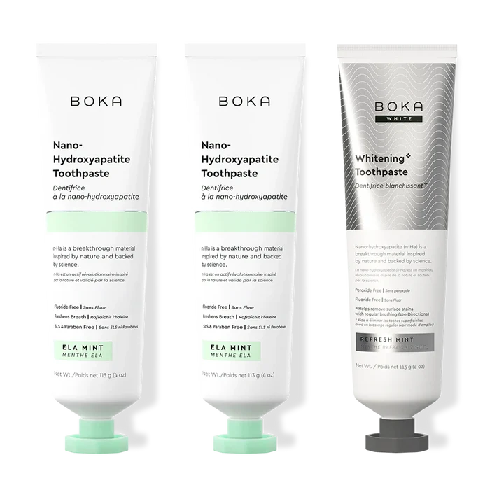 Three bottles of Boka Nano-Hydroxyapatite Toothpaste on a white background